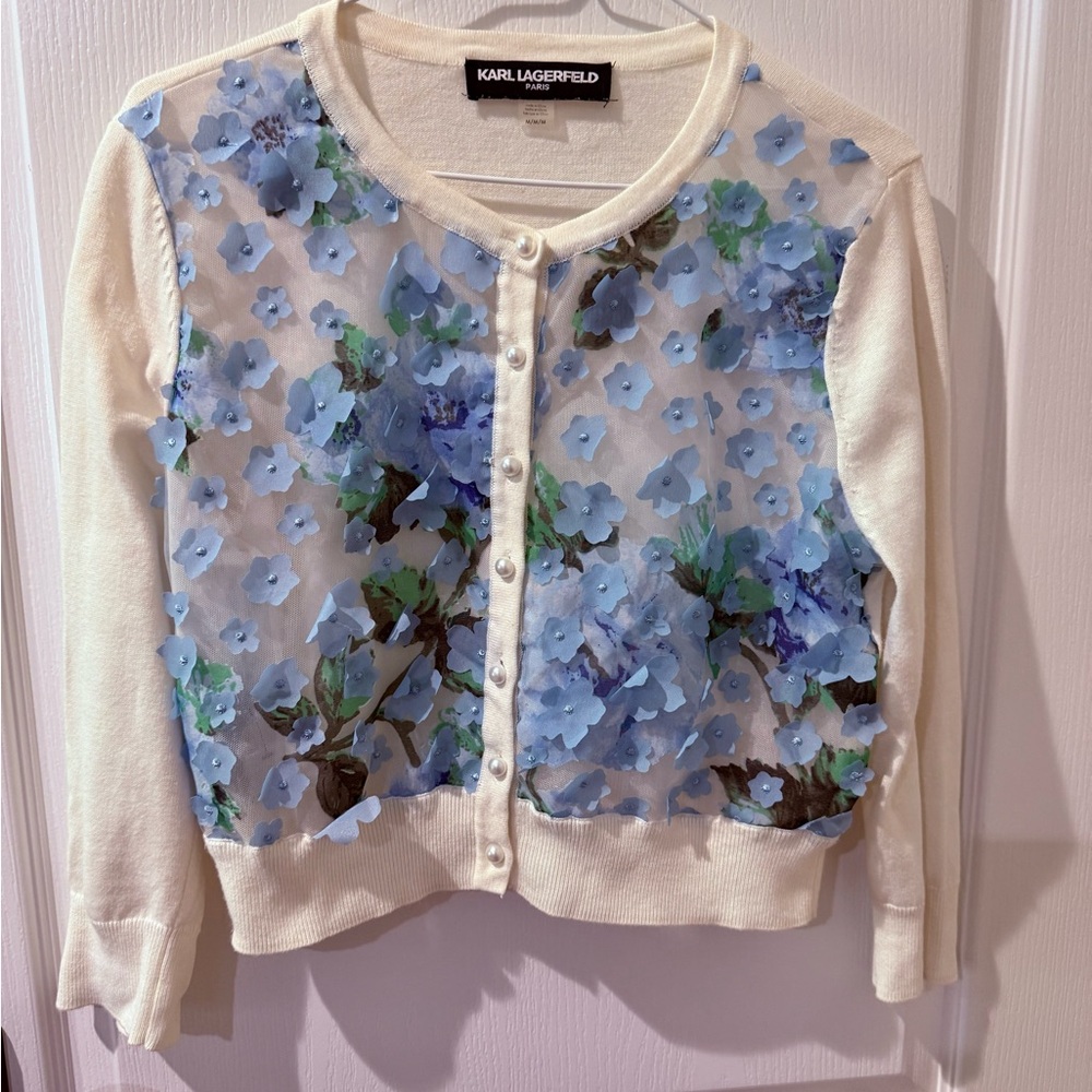 Karl Lagerfeld Paris White and Blue 3D Appliqué Floral Cardigan Sweater Top Sz M